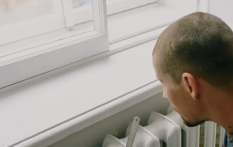 Worker adjusting a radiator near a window during a home repair