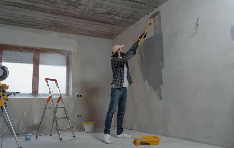 Worker preparing an interior wall as part of a painting project
